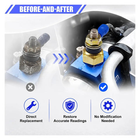 Before and after comparison of Universal Water Coolant Temperature Sensor 1/8 NPT Thread with direct replacement installation.