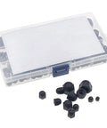 Nylon Acorn Hex Cap Nuts Assortment Kit In Metric Sizes M3 M4 M5 M6 M8 M10 Black Finish with storage box and scattered nuts