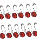 Red decorative shower curtain hooks, 12 pack, metal hooks with red acrylic accents.