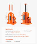 Front and side views of orange VEVOR 50-ton hydraulic bottle jack with long handle.
