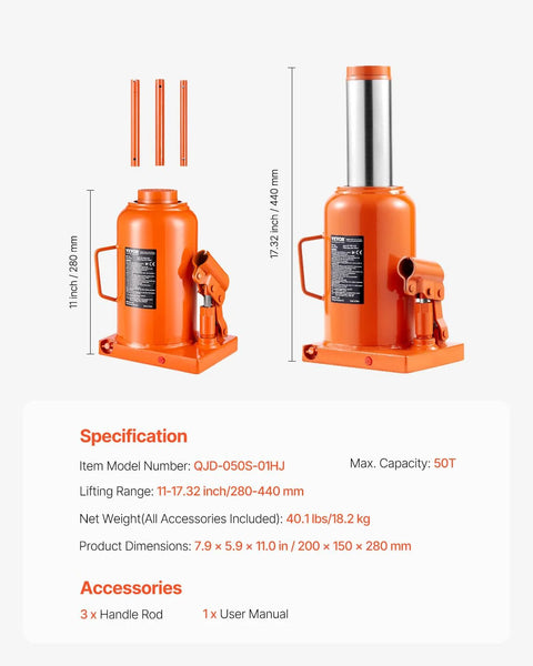 Front and side views of orange VEVOR 50-ton hydraulic bottle jack with long handle.