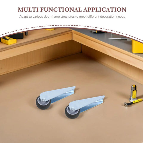 Heavy Duty 2 Pack Sliding Door Roller Wheels Low Profile Rubber Caster Bottom Track Glides on a work surface with tools.