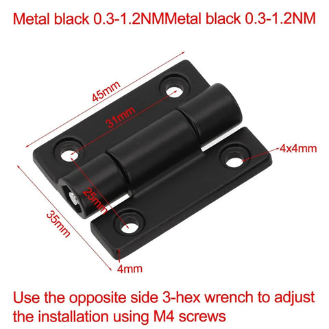 Black metal adjustable torque hinge for furniture cabinet, 360-degree rotation with M4 screw holes