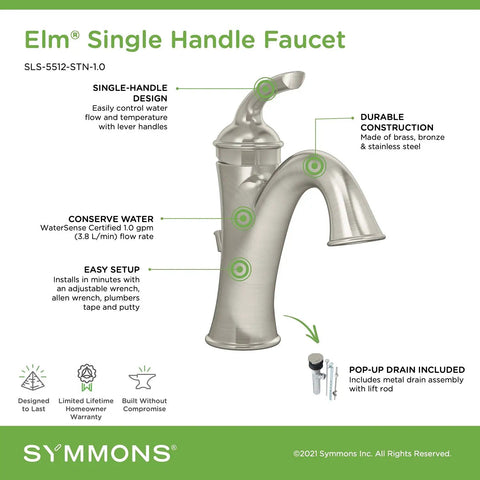 Elm Single Hole Single Handle Bathroom Faucet With Drain Assembly In Polished Chrome WaterSense Certified 1.0 GPM, diagram view