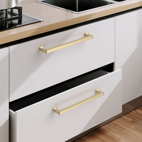 Kitchen with Ten Pack 7.5 Inch Brushed Brass Cabinet Pulls Gold Tone Handles For Multiple Cabinets With Two Screw Sizes, Individually Wrapped