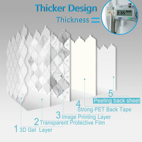Cross-section of Arabesque Peel And Stick Tiles For Kitchen Backsplash In Marble Gray, 12 By 12 Inch, showing 3D gel and layers