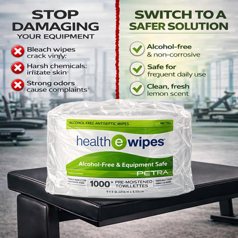 Alcohol Free Bulk Gym Equipment Wipes for Heavy Use 4000 Count 4 Rolls Antiseptic Cleaning Wipes for Fitness Equipment Gyms Studios and Facilities Safe On Skin and Machines package on gym bench with equipment in background.