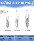 Three lead spider sinkers shown in 3oz, 4oz, 5oz sizes, front view with weight details. Focus: Five Piece Lead Long Tail Spider Sinker Set For Saltwater Surf Fishing Includes 4oz Weights For Beach And Catfish Aerodynamic Casting Long Tail Design For Maximum Distance Strong Hold On Sand And Rocks.