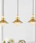 35 Inch Brass Gold Modern Retro Hurricane LED Pendant Light Fixture With Adjustable Hanging Height Frosted White Glass And Metal Shade