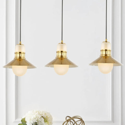 35 Inch Brass Gold Modern Retro Hurricane LED Pendant Light Fixture With Adjustable Hanging Height Frosted White Glass And Metal Shade