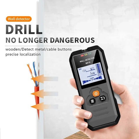 Wall Scanner And Stud Finder With Bright LCD Display For Quick Hit The Spot Accuracy Auto Calibration Straight Shooter Design No Guesswork Setup For Locking Down Drywall Pipes Joists And Cabinet Mounting in hand detecting electrical wires.
