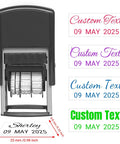 Custom Self Inking Date Stamp For Business Personalized Signature Seal, 0.35x0.98 inch, showing multiple ink colors and text options.
