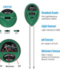 Grab-And-Go 3-In-1 Soil Test Kit Meter detailed view showing moisture, pH, sunlight sensors, and readout scale with switch.