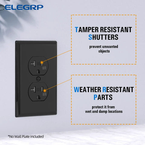 20 Amp 125V Duplex Receptacle with Tamper Resistant and Weather Resistant Design, black finish, without wall plate