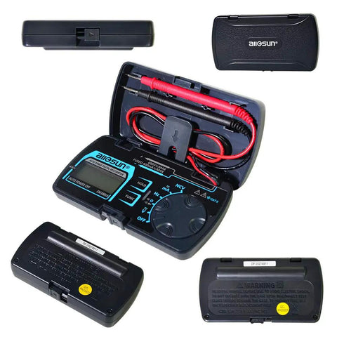 Auto Ranging Pocket Digital Multimeter, Tiny Handheld Travel Meter, open with probes inside case lid, showing controls.