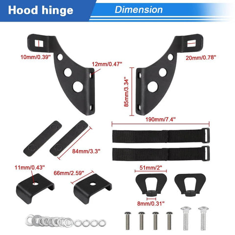Heavy Duty Hi Lift Jack Mount for Jeep Wrangler Hood and Door Hinges dimensions and components layout