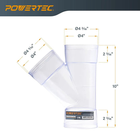 Powertec 4 Inch Integrated Blast Gate System With Patented Valve And Y Fitting For Dust Collection Y fitting duct connector 10 inch height.