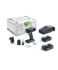 Professional 18V Cordless Drill And Driver Tool With Quick Change Chuck System, battery and accessories in a storage box.