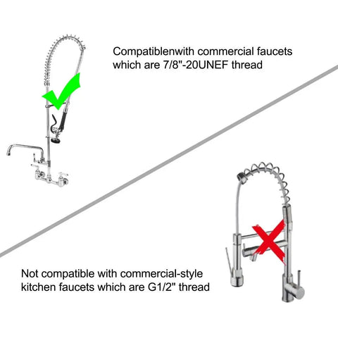 Diagram of faucet compatibility for Pro Grade Pre Rinse Spray Valve Head For Commercial Kitchen Sinks High Pressure Dish Sprayer Nozzle.