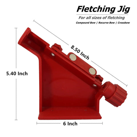 Side view of red Fletching Jig With Straight Helix Clamps Adjustable Fletch Tool Feather Stick Kit For DIY Arrow Repairs And Bolt Tuning In Red That Fits Easy Storage In Your Backpack Or Tool Box showing dimensions.