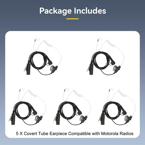 5 pack of Covert Tube Earpiece With Mic For Walkie Talkies M Head 2 Pin Full Size PTT Surveillance Headset compatible with Motorola.