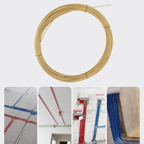 Beefy Heavy Duty Wire Threading Tool With Rotating Scroll Wheel For Reduced Friction In Tight Bends, Spring Steel Fish Tape 10m coiled with wire routing examples