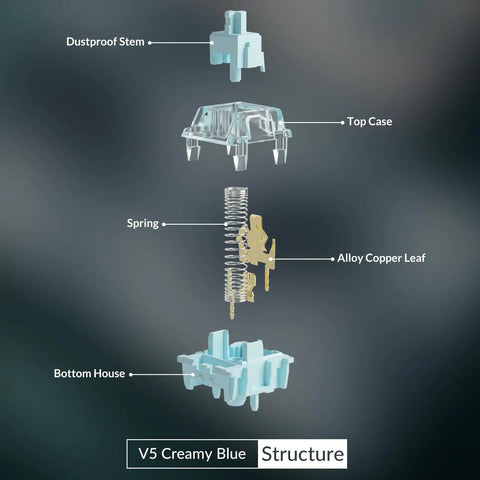 Exploded view of V5 Creamy Blue 5 Pin 45gf Pre Lubed Tactile Keyboard Switches components, including stem, top case, spring, and bottom house.