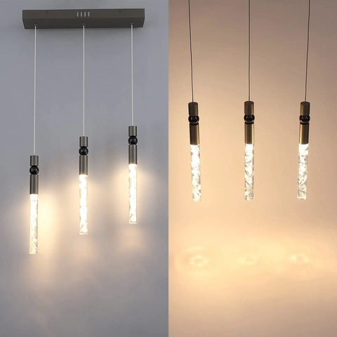 Three Light Crystal Pendant Lamp With Dimmable LED for dining room showcased with warm glow and sleek nickel finish.
