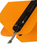 Close-up of yellow Golf Swing Power Fan Trainer with adjustable wind resistance blades and black support bar for indoor outdoor practice.