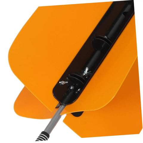 Close-up of yellow Golf Swing Power Fan Trainer with adjustable wind resistance blades and black support bar for indoor outdoor practice.