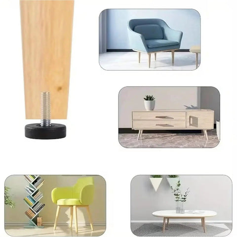 Adjustable Furniture Feet 24 Piece Set for Tables, Chairs, and Cabinets Leveling Threaded Posts with Non Slip Bases illustrated in use