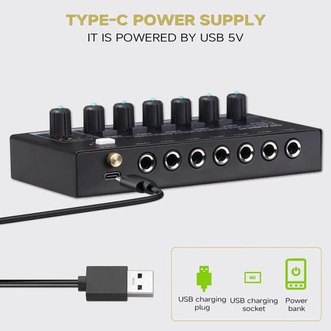 Six Channel Portable Mini Audio Mixer With 6.35mm To 3.5mm Adapters Stereo Mono Switch And 5V DC Power for various inputs.