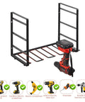 Rugged 4 Layer Heavy Duty Power Tool Organizer Rack With Wall Mount Drill Holder And Cordless Drill Charging Station featuring space for drills, black.