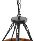 Close-up of Farmhouse Chandelier For Dining Room And Kitchen Island, 5 Light Rustic Round Wood And Metal Lighting Fixture with black iron accents.