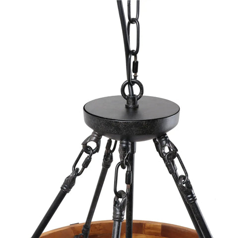 Close-up of Farmhouse Chandelier For Dining Room And Kitchen Island, 5 Light Rustic Round Wood And Metal Lighting Fixture with black iron accents.