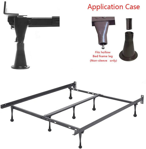 Bed Frame Glide Feet Set Of 4 For Replacing Casters Keeps Your Bed Stationary And Floor Safe Great For Hardwood Tile Laminate And Carpet Easy Fit For Most Bed Frames No More Wheel Drama; shown installed on bed frame, close-up view of glide foot fit.