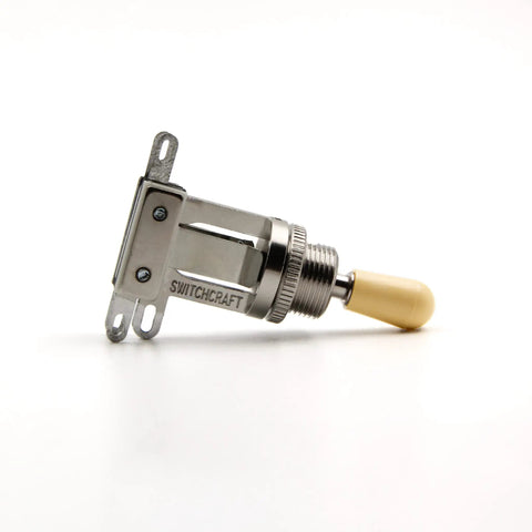 3 Way Toggle Guitar Switch With Cream Tip For Les Paul Style Guitars Easy Soldering Pre Tin Nickel Plated Durable Build Fits Epiphone And Narrow Body Les Pauls No Fuss Quick Swaps For Semi Hollow And Solid Body Electric Guitars, side view