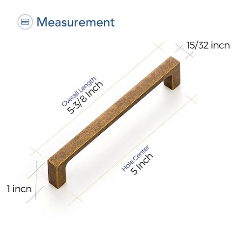 Dimensions of 10 Pack Solid 5 Inch Square Cabinet Handles Antique Brass Pulls For Kitchen Cabinets And Drawers with measurements labeled