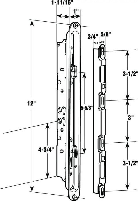 Technical drawing of Multi Point Mortise Latch And Keeper For Sliding Patio Doors, Heavy Duty 12 Inch Mounting Holes, Adjustable Hooks
