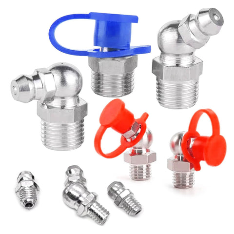 Grease fittings set with SAE/metric zerks and red/blue plastic caps; includes straight, 45° and 90° fittings