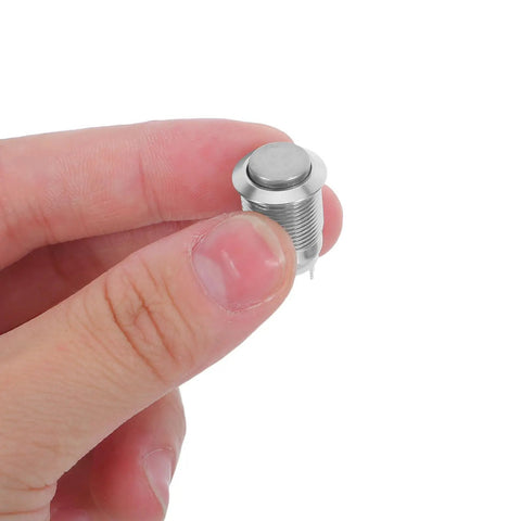 20 Pack Self Locking Push Button Switch Kit No Frills With Metal Button Panel Mount Ignition Starter For Auto And Industrial Use Heatproof Electrical Control Replacement Safe Durable Easy To Wire, silver metal button held by hand