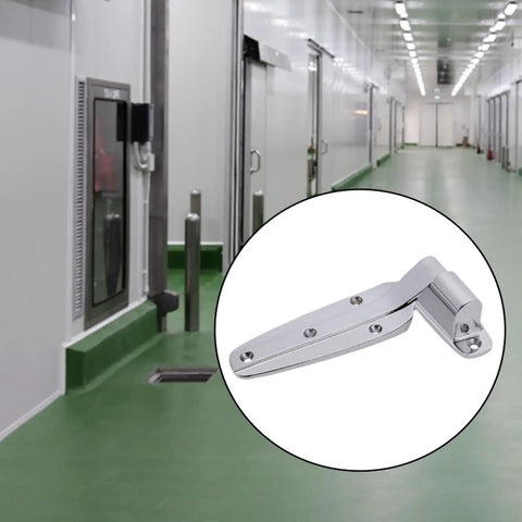Heavy Duty Freezer Door Hinge With Smooth Swing Brushed Finish For Commercial Cold Storage And Barn Walk In Coolers, close-up view in facility.