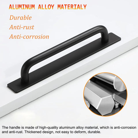 Self Adhesive Cabinet Handles 2 Pack Aluminum Alloy Push Pull Handles For Kitchen Cabinets Drawers Windows Sliding Doors And Closets Easy No Drill Installation Black 5.83 Inch Durable Strong Easy Grip shown on surface with durability features.