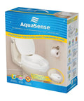 Packaging of Raised Toilet Seat With Lid, White, 2.5 Inch Lift For Easy On And Off, showing ergonomic contours in a bathroom setting.