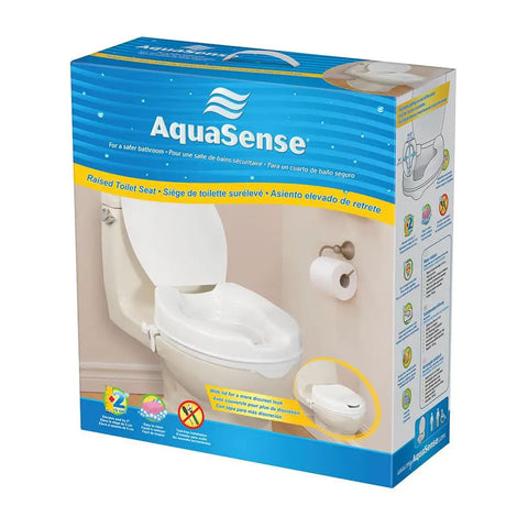 Packaging of Raised Toilet Seat With Lid, White, 2.5 Inch Lift For Easy On And Off, showing ergonomic contours in a bathroom setting.