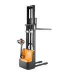 Straight Up Heavy Duty Full Electric Walkie Pallet Stacker With 118 Inch Lift And 2640 Lbs Capacity built for cramped spaces.