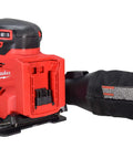 Cordless Eighteen Volt Quarter Sheet Finish Sander With Pro Grade Dust Collector and variable speed dial, showing ergonomic design and dust bag.