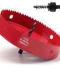 Six Point Five Inch Hole Saw With 30 Mm Cutting Depth HSS Bi Metal Pro Grade, red with pilot drill bit, angled view