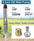 Heavy Duty Deep Well Submersible Pump With 100 Foot Power Cord 1HP 110V Water Pump showcases stainless steel design and max 33 GPM flow.
