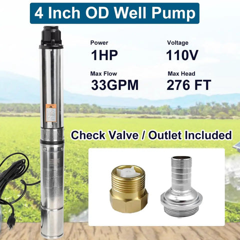 Heavy Duty Deep Well Submersible Pump With 100 Foot Power Cord 1HP 110V Water Pump showcases stainless steel design and max 33 GPM flow.